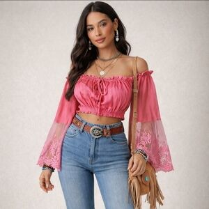 NEW Boho romantic cottage prairie lace embroidered gauzy crop pink large